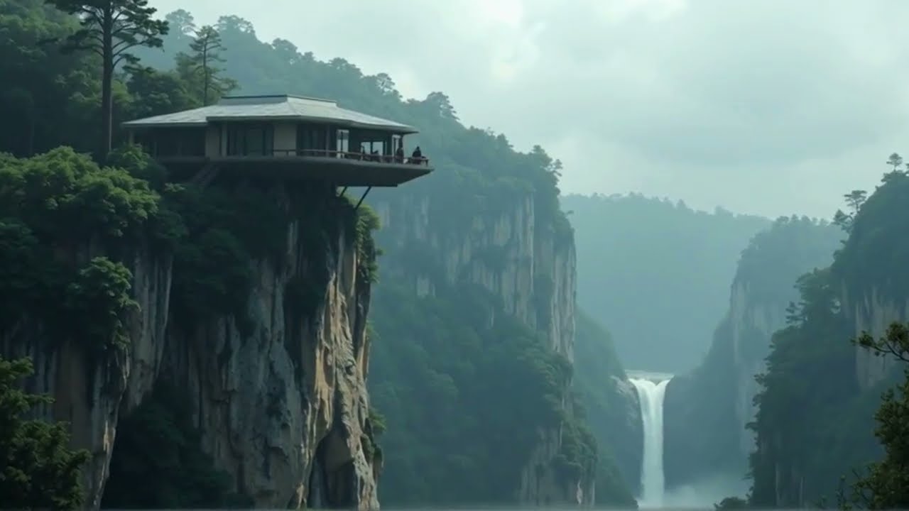 Futuristic Mountain Home Above a Hidden Waterfall
