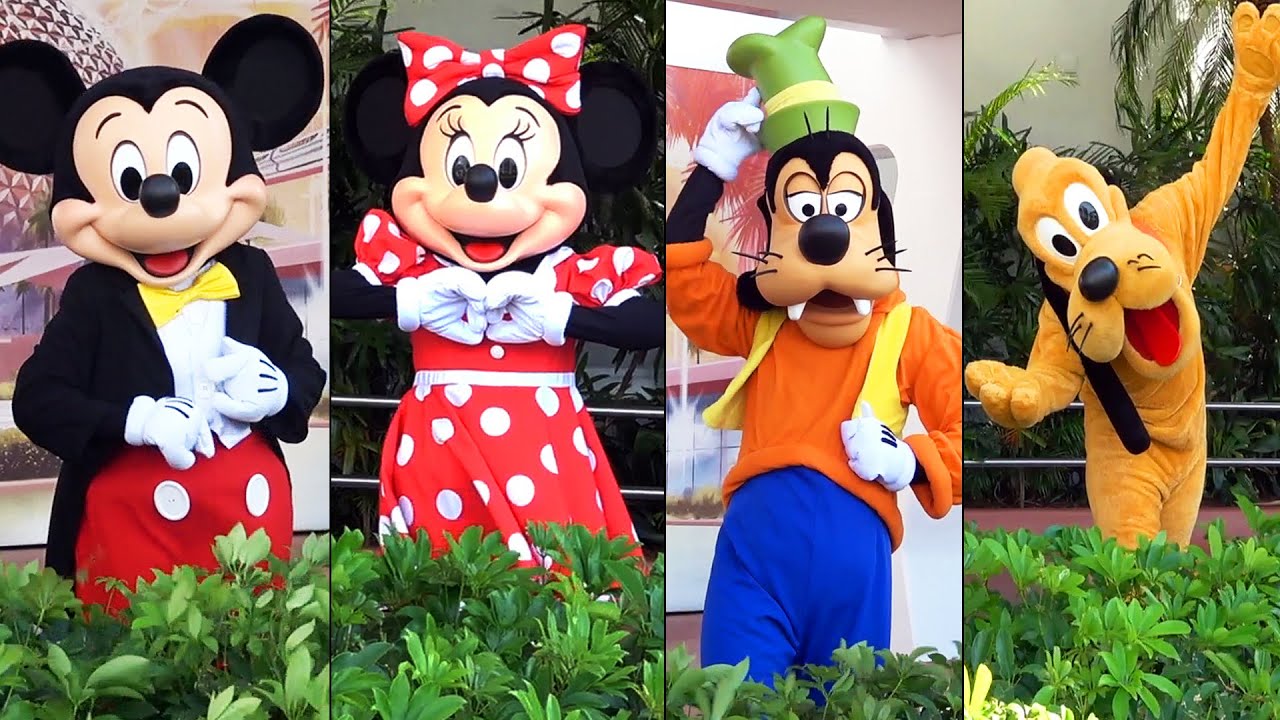 Mickey, Minnie, Goofy & Pluto Distanced Character Greeting at Epcot Entrance Plaza, May 2021