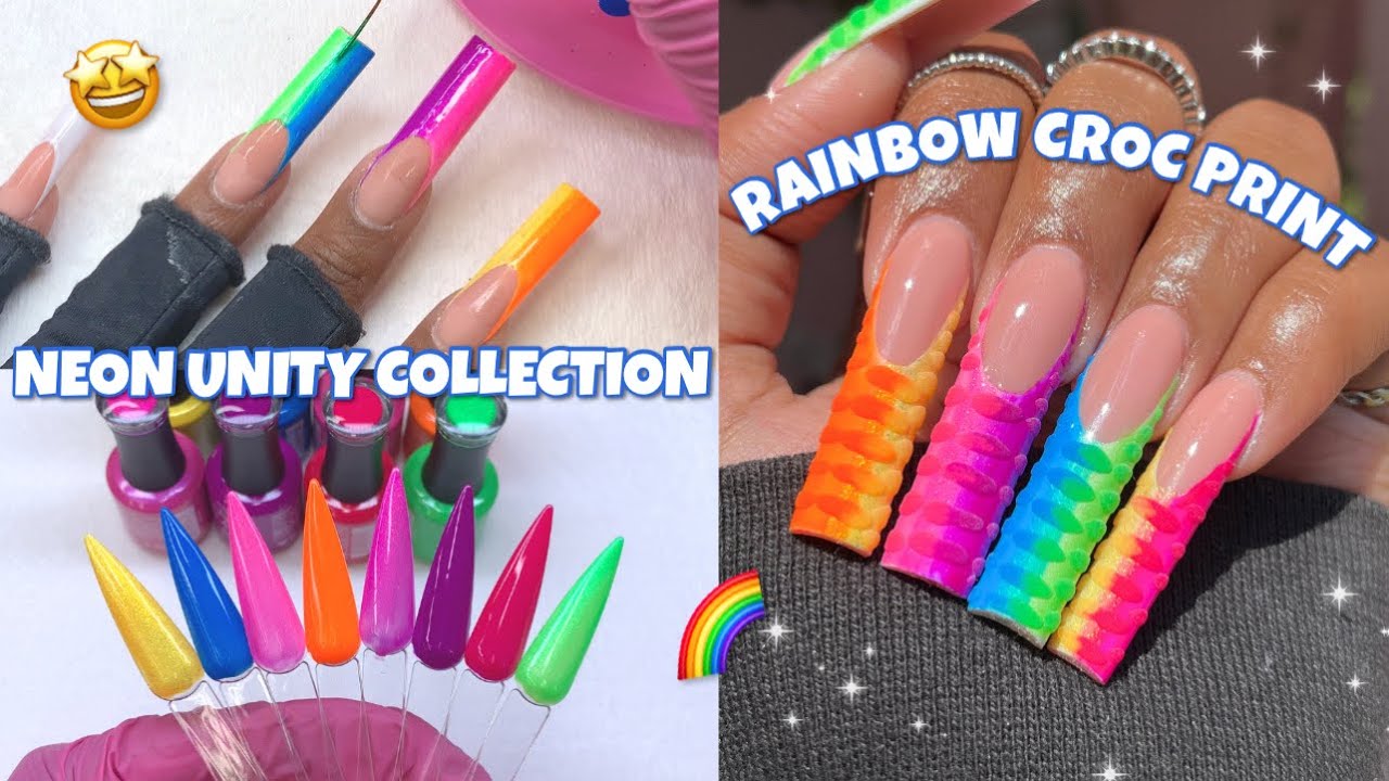 RAINBOW CROC PRINT FRENCH TIP 🌈✨ | MADAM GLAM NEON UNITY COLLECTION | POLYGEL NAILS