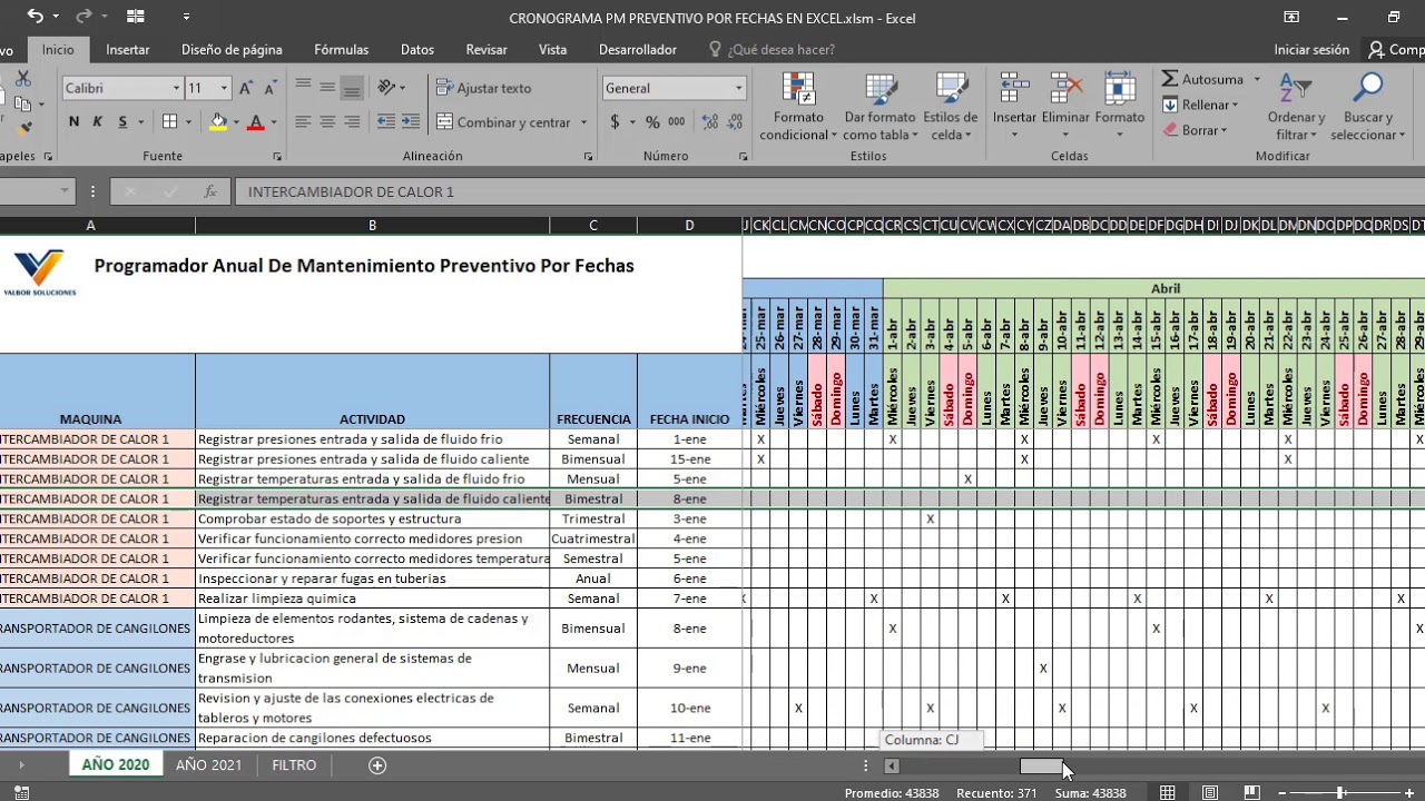 ✅ CRONOGRAMA PLAN DE MANTENIMIENTO PREVENTIVO EN EXCEL POR FECHAS