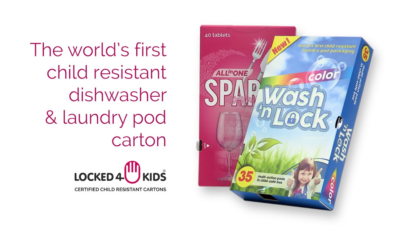 Locked4Kids child resistant dishwasher and laundry pod carton