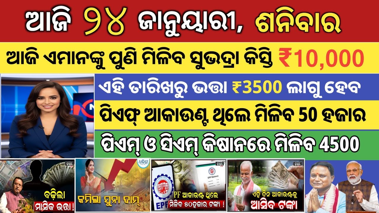 Today's morning news update | pm kishan yojana | gold price down | pf money good news | od news24 