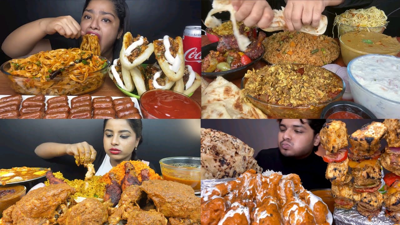 ASMR EATING VEG BIRYANI CREAMY BUTTER CHICKEN NOODLES CHICKEN SAUSAGE EATING SHOW EATING VIDEOS 