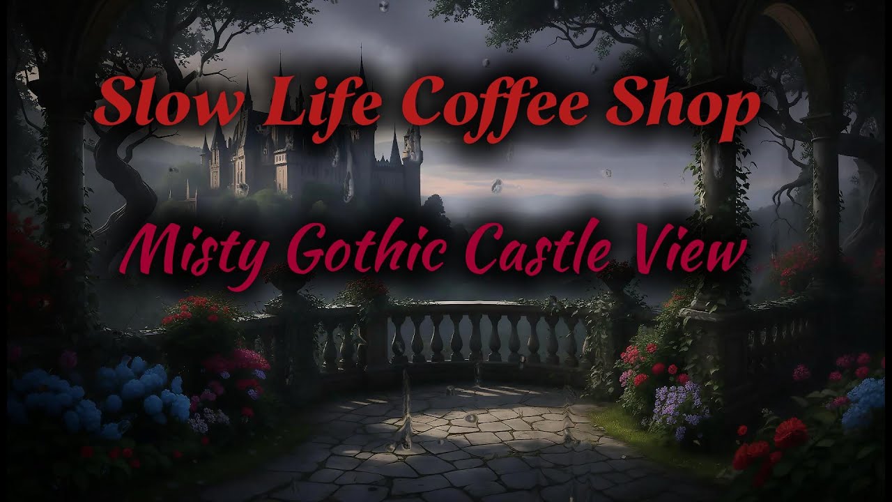 4K Misty Gothic Castle View | Rainy Terrace Ambience & Floral Romance