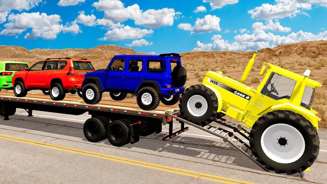 Flatbed Trailer McQueen Cars Transportation with Truck, Truck vs Train #21- BeamNG Drive