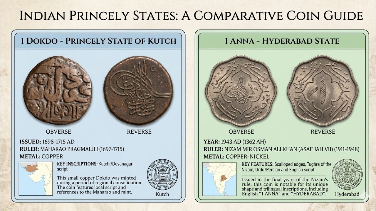 Old coins of india | 1 Dokdo Princely State of Kutch | 1 Anna HYDERABAD | ancient coins 