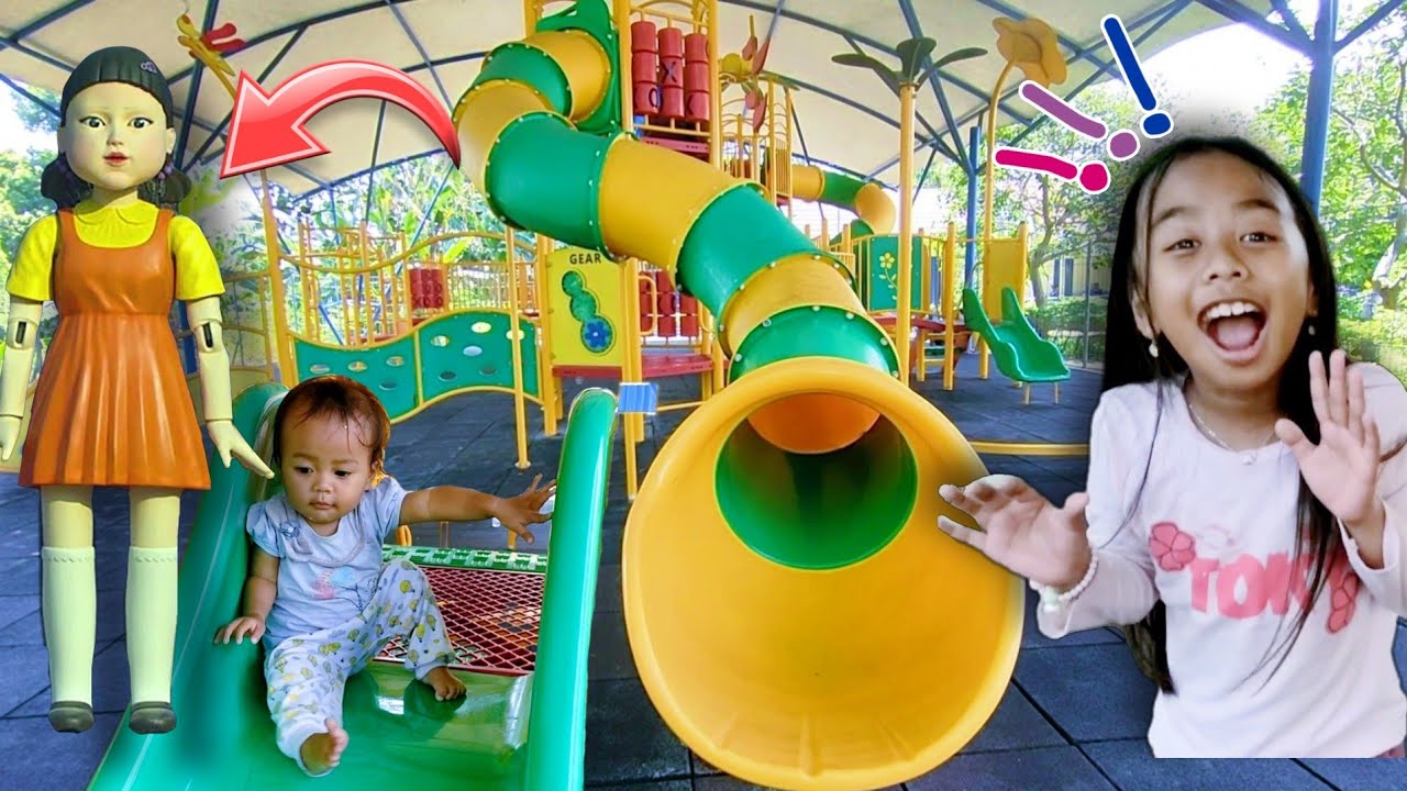 Vlog Keluarga Riska Main Perosotan 💞 Seharian Jagain Dede Bayi Lucu 💞 Main Squid Game di Playground