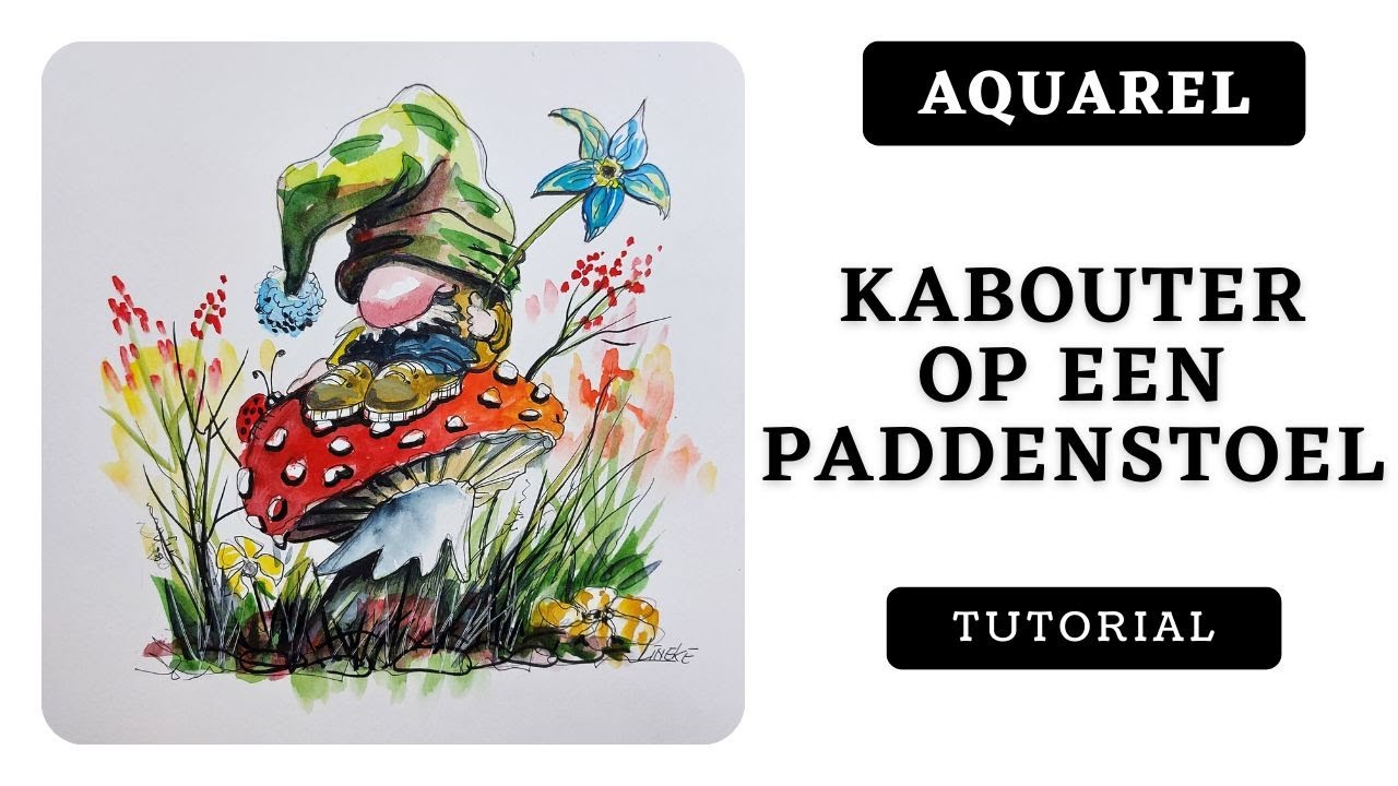 Aquarel een Kabouter op een Paddenstoel