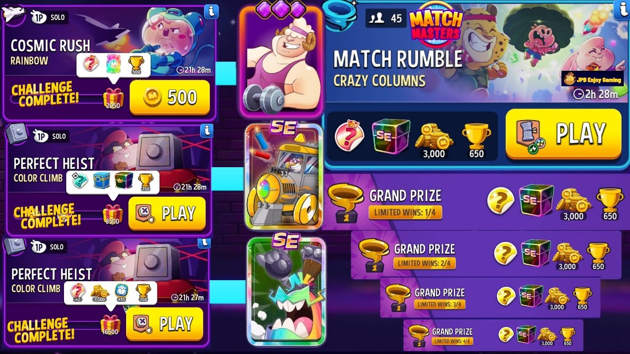 (3 Solo+1 Match Rumble) Color Climb+Bombs Away 9500&16500 Score/Rainbow Cosmic Rush