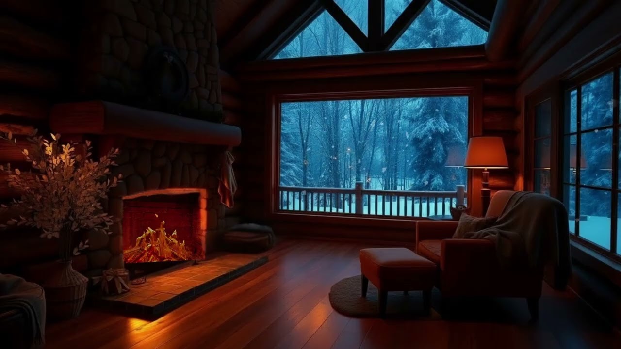 Cozy Winter Living Room Fireplace & Snow Outside | Deep Sleep Ambience (3 Hours)