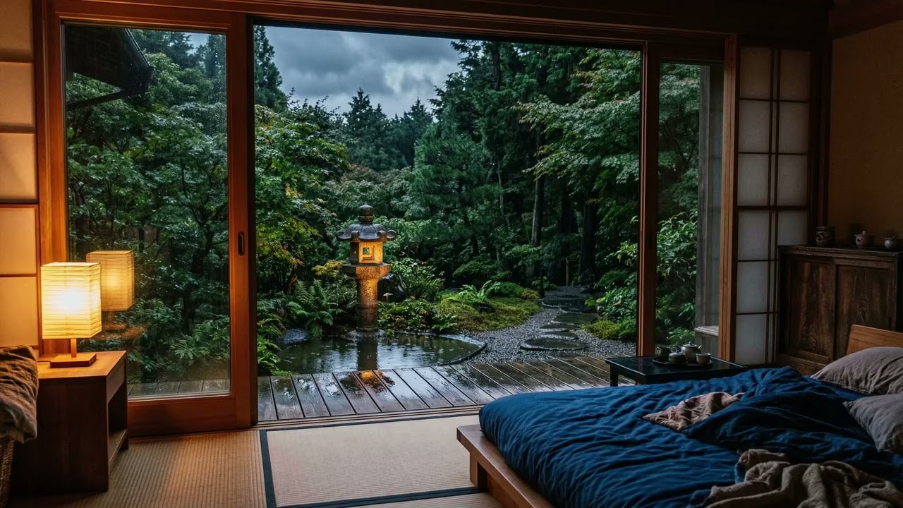 Gentle Rain in Cozy Pine Forest Cabin 🌧️ Warm Lamp Glow & Books for Sleep and Reading