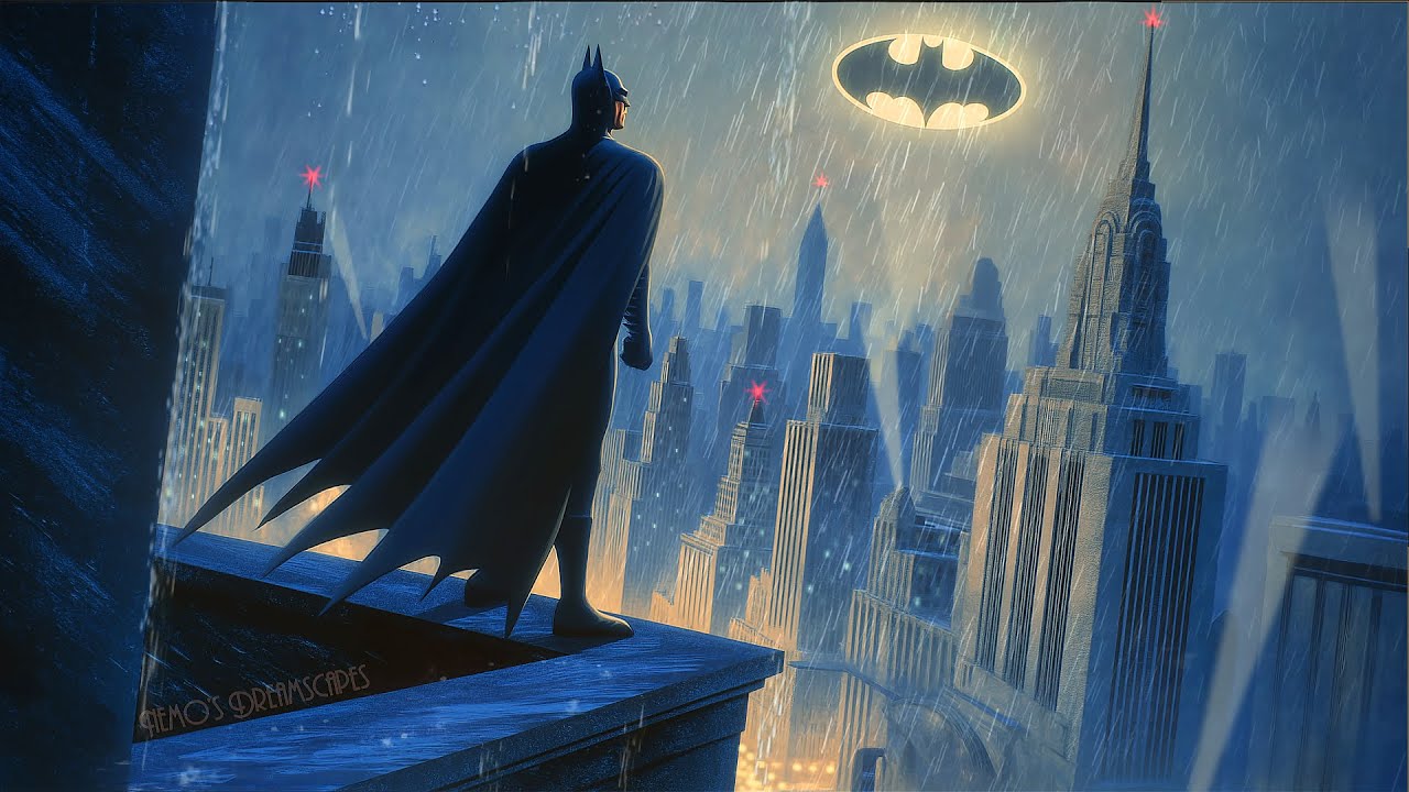 Rainy Night in Gotham City Ambience | oldies music dreamscape, heavy rain sounds, Batman inspired