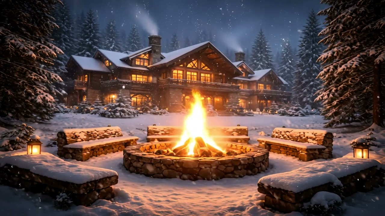 Winter Blizzard Lodge ❄️ Cozy Bonfire Ambience