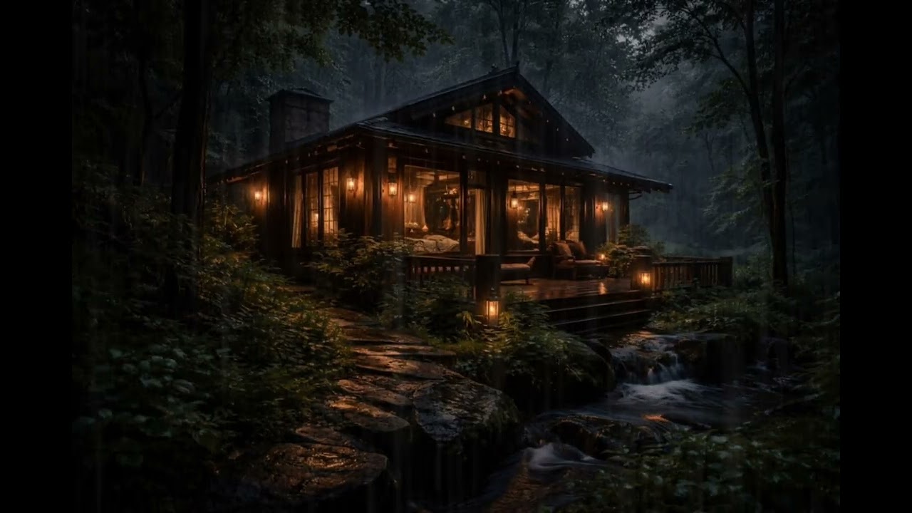 Dark Forest Luxury Cabin ASMR | Heavy Rain & Flowing River | 3 Hours of Cozy Night Ambience