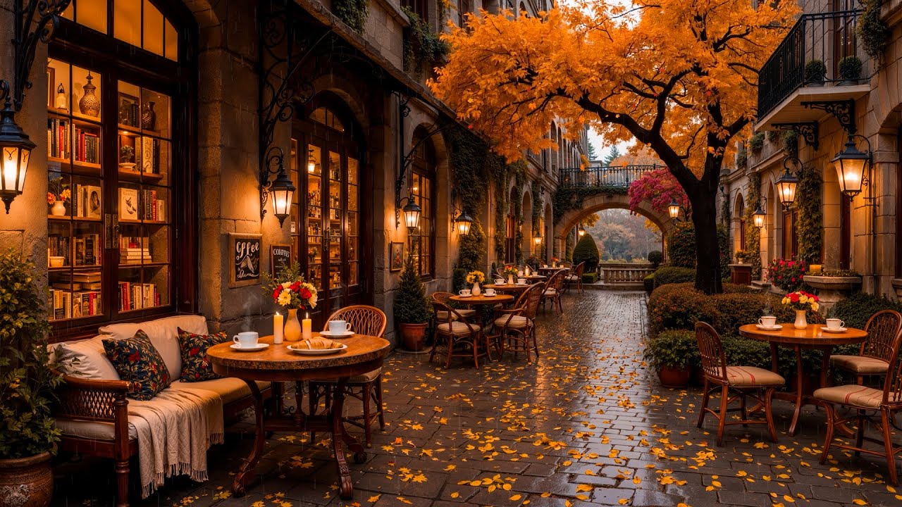 Rainy Autumn Day at Street Coffee Shop Ambience 🍂 Soft Piano Jazz Music for Working
