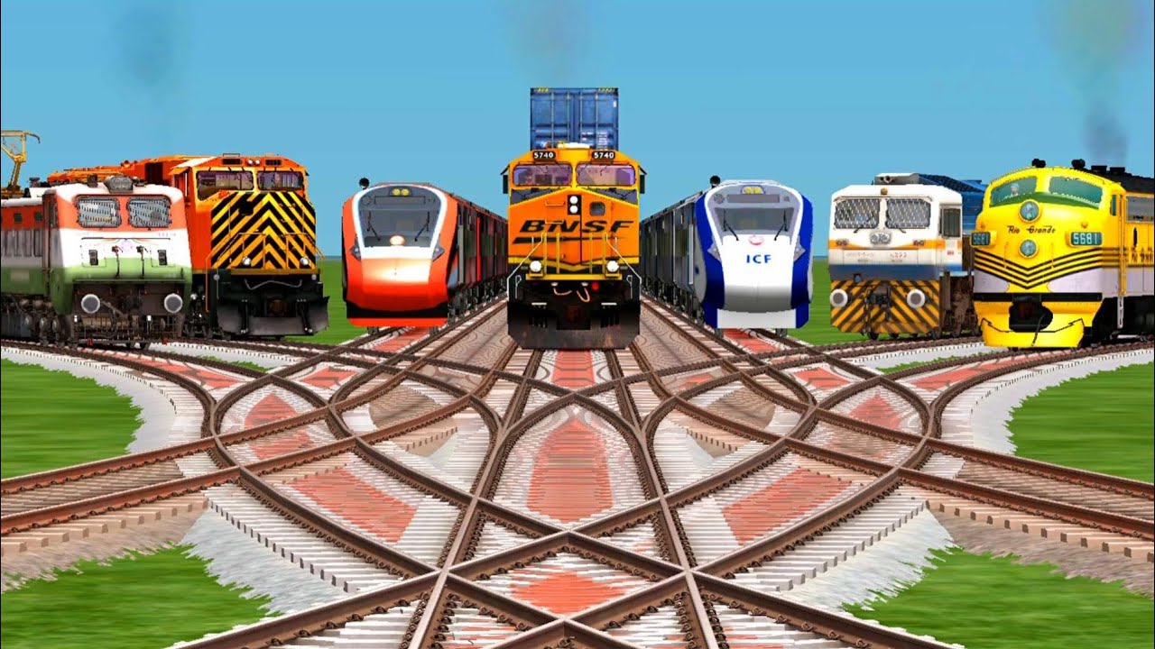 7 Mega💌Trains Crossing By Bumpy Branched Railroad Tracks | train gameplay | train simulator classic