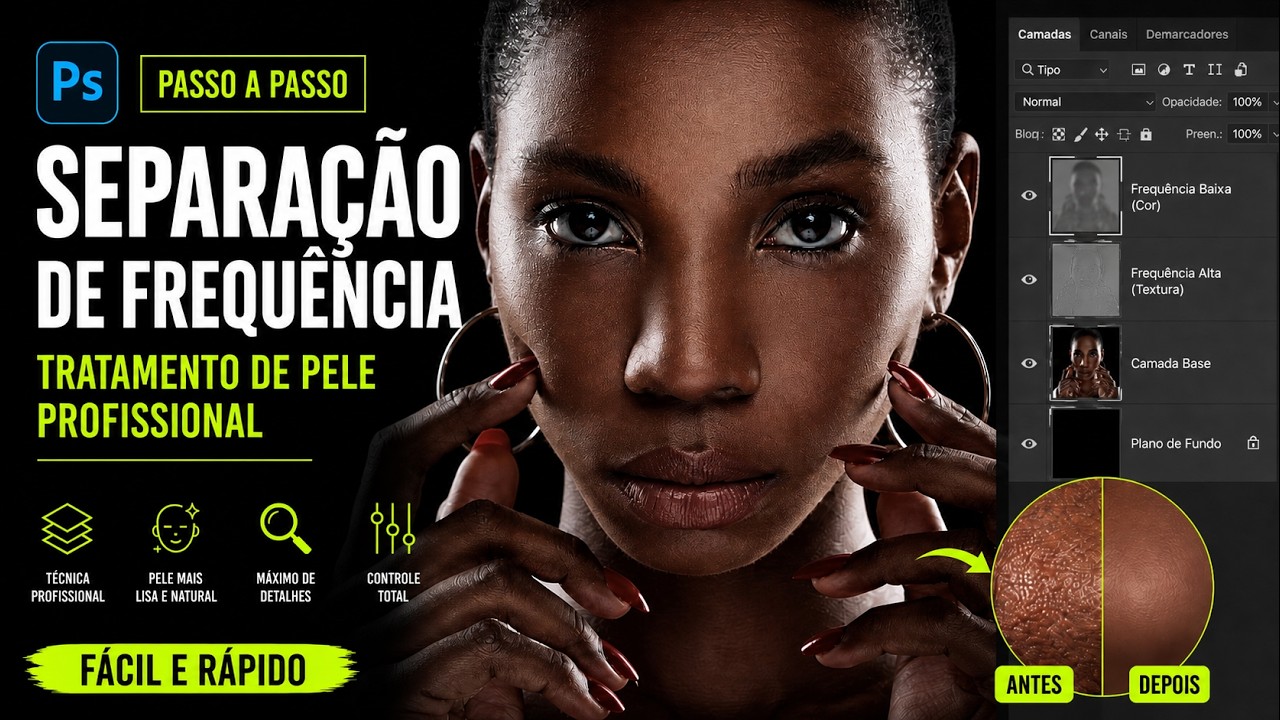 Separação de frequência no Photoshop: tratamento de pele profissional (passo a passo)