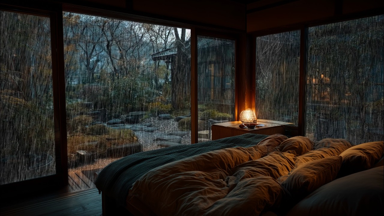Лучший сильный дождь в уютном рёкане с дзен-садом 🌧️ Теплый фонарь и дождь у окна для глубокого сна