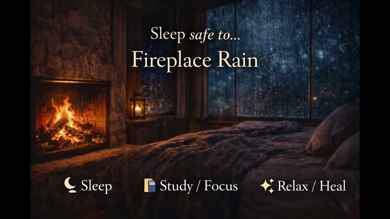 Instant Calm Button—Fireplace Glow + Window Rain at Night