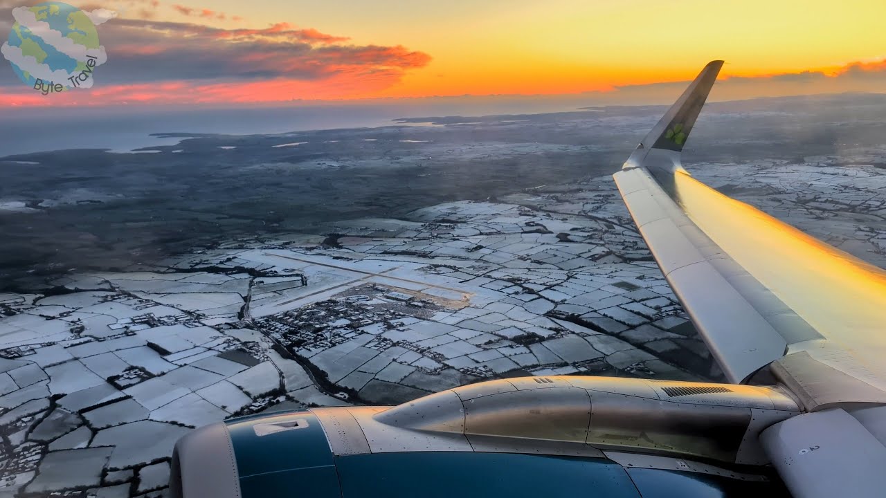 Aer Lingus Airbus A320neo De-icing and Stunning Sunset Takeoff from Snow-Covered Cork