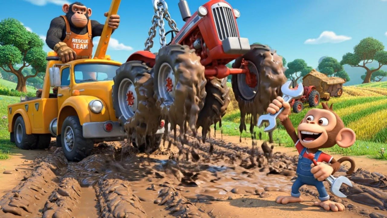 Baby Monkey and Dad Save a Tiny Tractor from the Mud | Kids Storytime