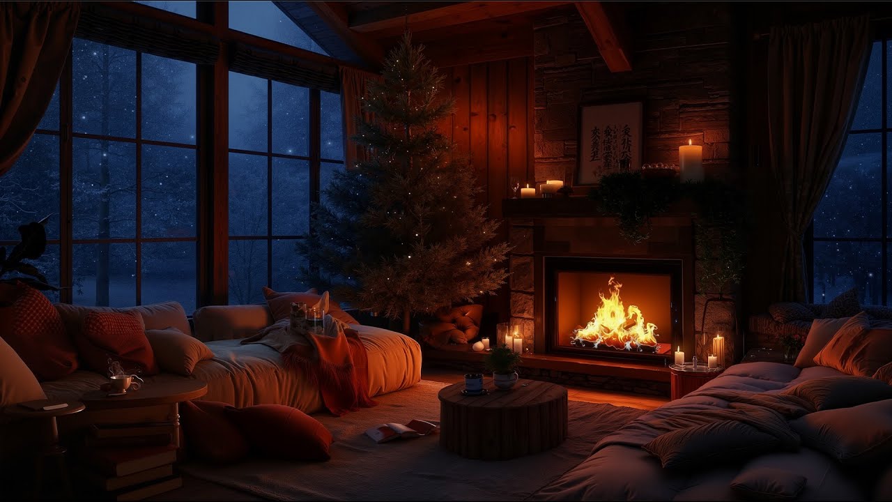Cozy Cabin Winter Vibes ⛄ Snowstorm Ambience, Fireplace Sounds & Smooth Jazz for Sleep