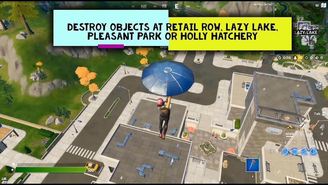 Destroy objects at Retail Row, Lazy Lake, Pleasant Park or Holly Hatchery - Fortnite