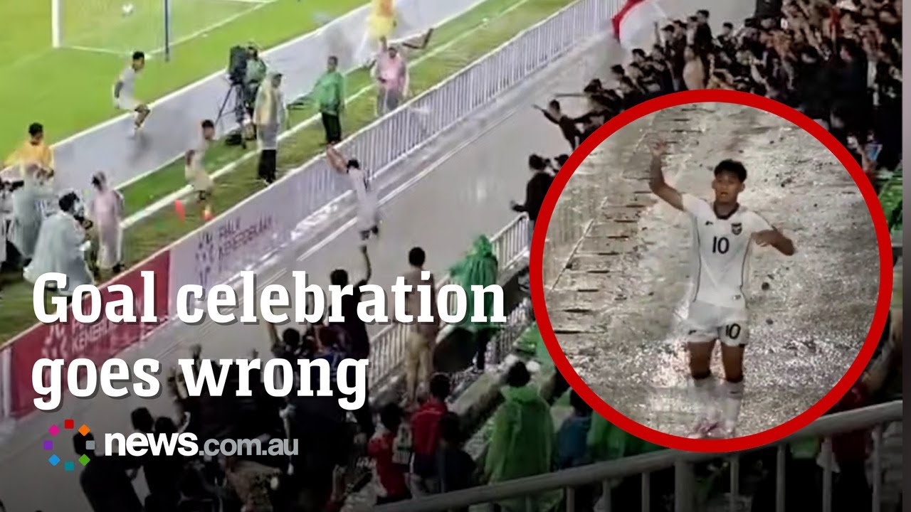 Footballer plummets into giant ditch celebrating goal