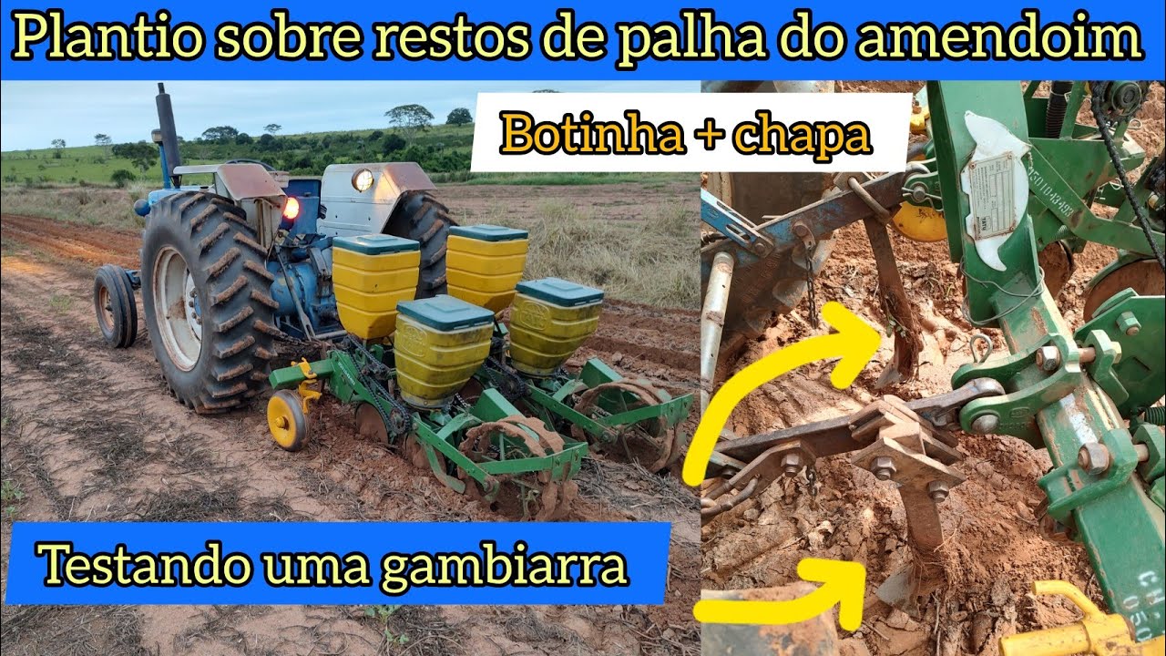 Tentando semear milho sobre o resto de palhada do amendoim verão, com botinhas e chapas na Tatu T2SI