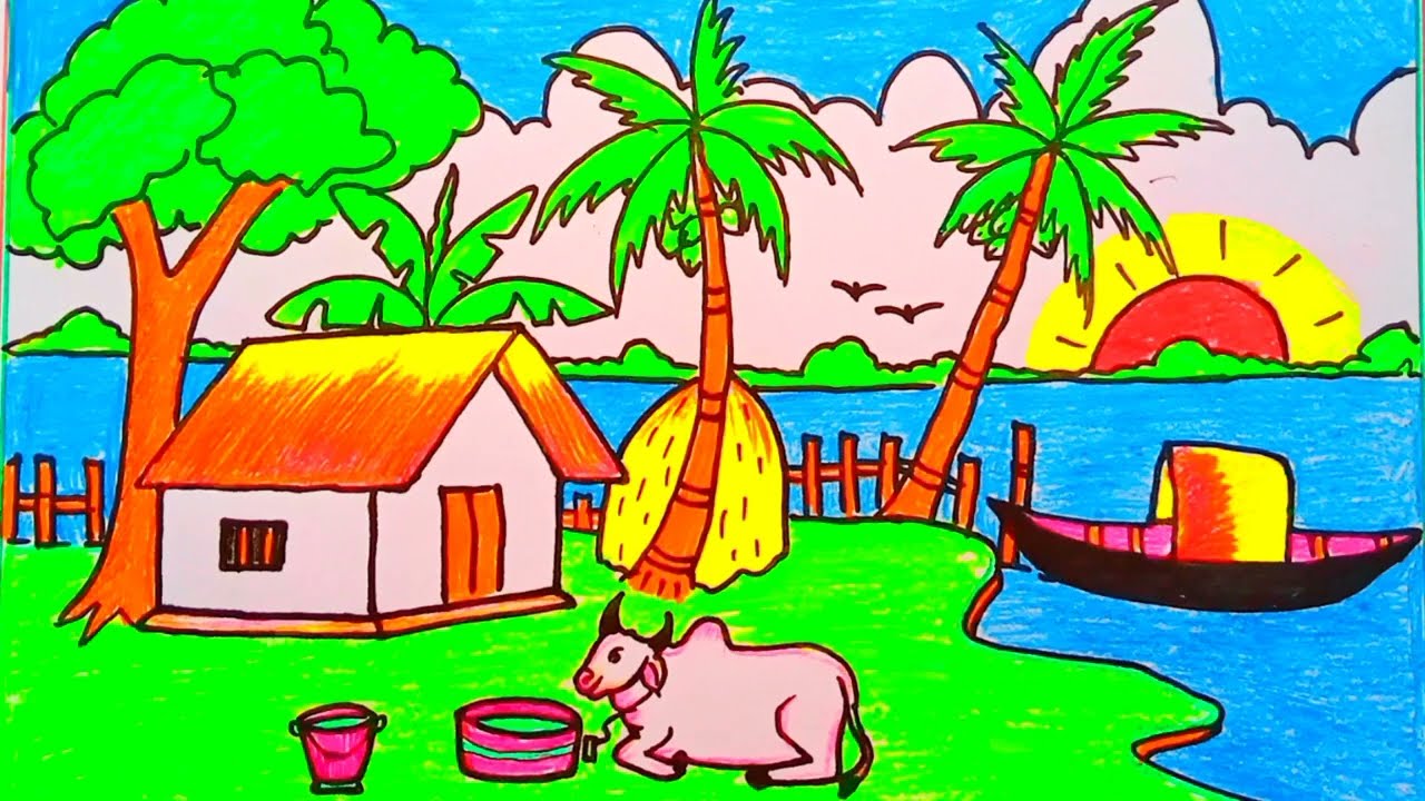 How to draw beautiful village ❤❤.Easy drawing step by step❤🤩.সুন্দর গ্রামের দৃশ্য আঁকা 🤩❤