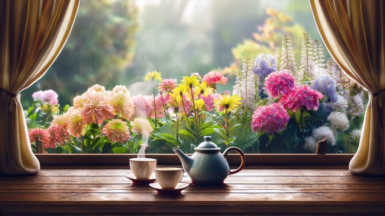 雨音に包まれた午後、庭を眺めながら静かなティータイム(自然音) A Rainy Afternoon Tea by the Garden Window(nature sounds)