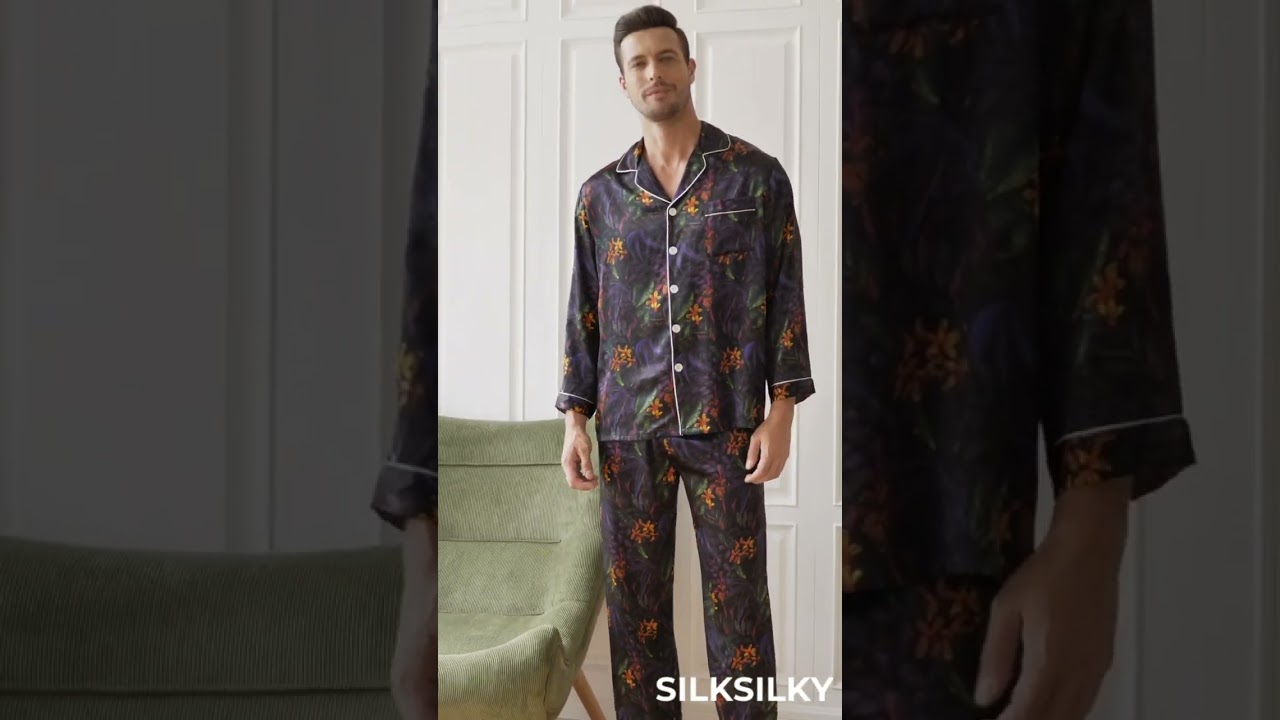 SILKSILKY - Pure Silk Floral Printed Lapel Men's Pajamas
