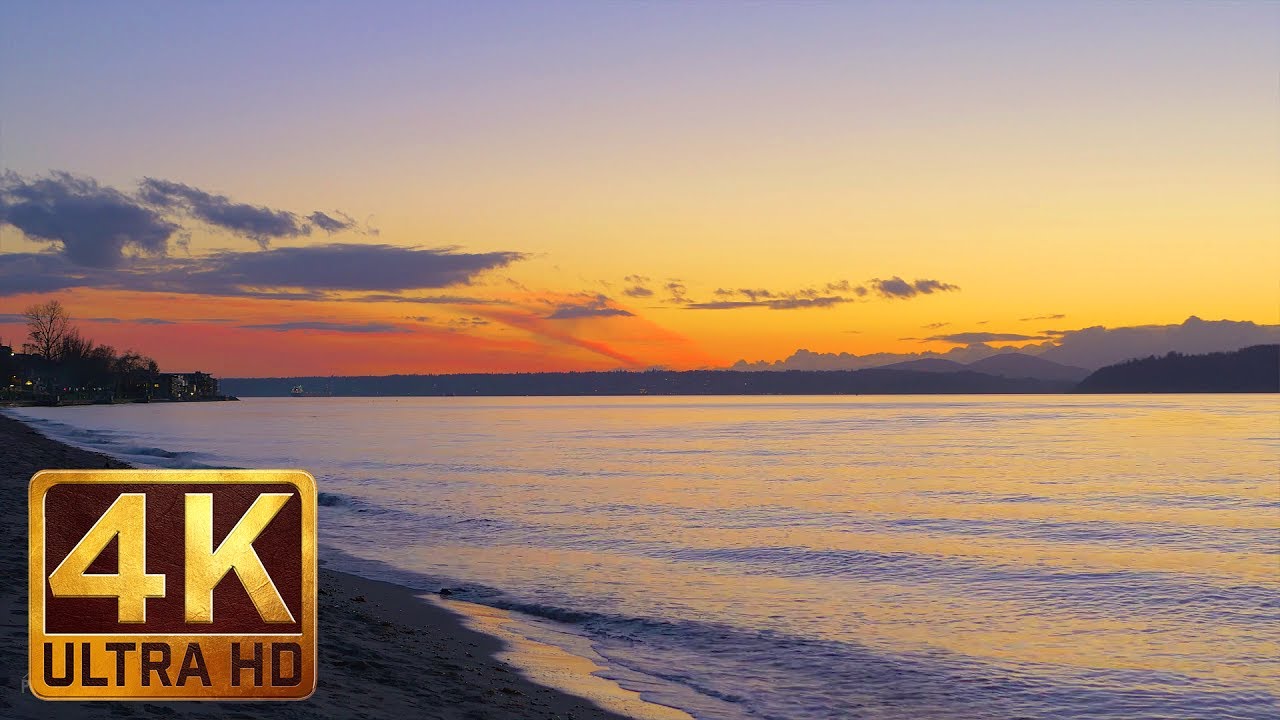 1 Hour - 4K Urban Relaxation Footage with Nature Sounds - Windy Evening at Alki Beach