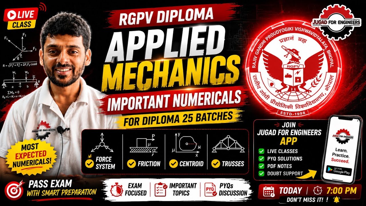Applied Mechanics Important Numericals | Live Class | RGPV Diploma | Jugad4engineers