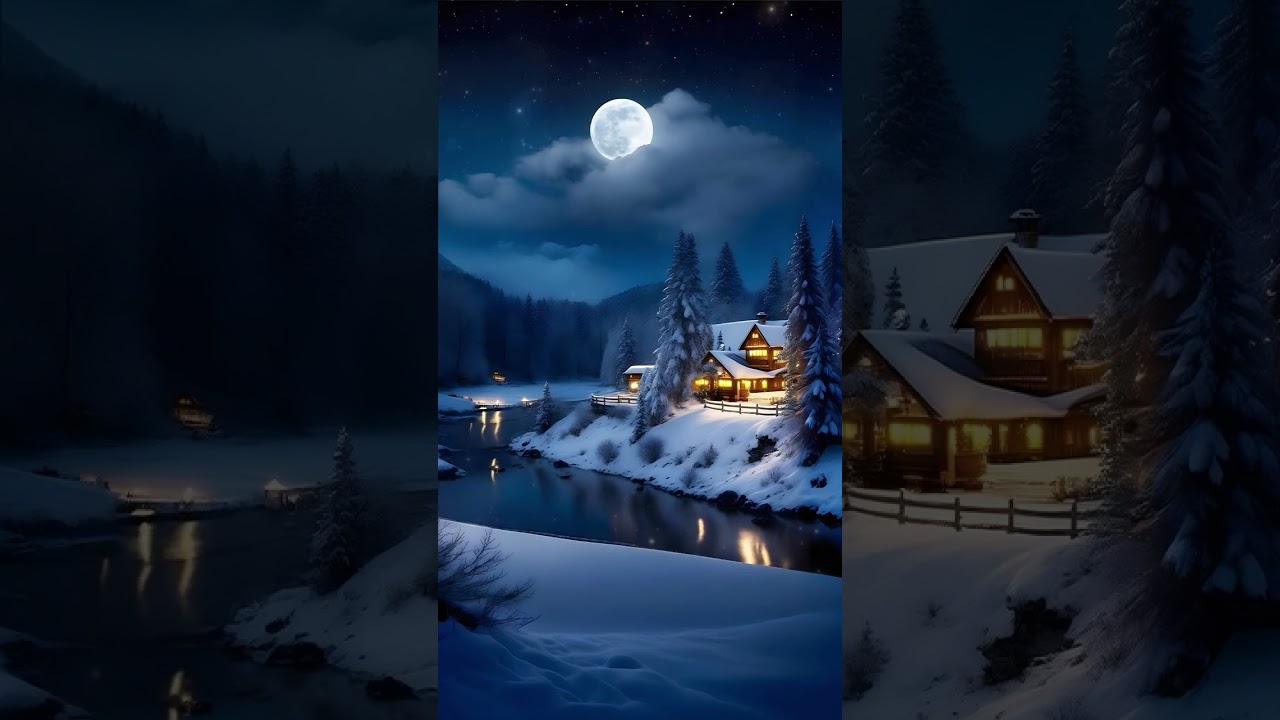 #winter #snow #snowfall #snowcabin #river #landscape #moon #moonlight #night