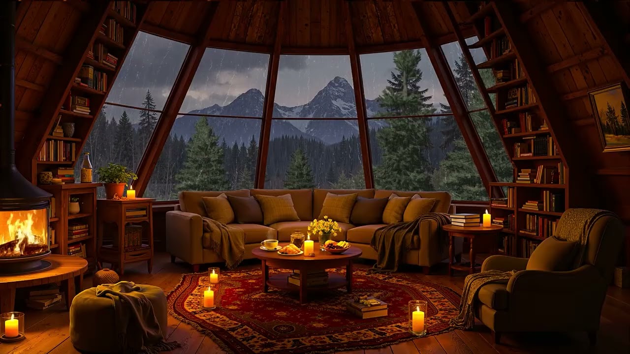Cozy Hut Ambience 🔥 Soft Jazz Music with Warm Fireplace & Rain Sounds for Relax, Study, Deep Sleep