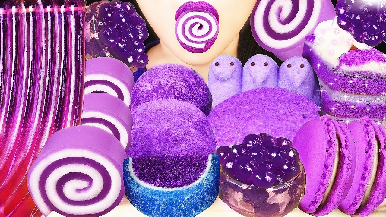 ASMR PURPLE DESSERT JELLY NOODLES, MOUSSE CAKE, MACARON, JELLO, MOCHI, MARSHMALLOW, EATING SOUNDS 먹방