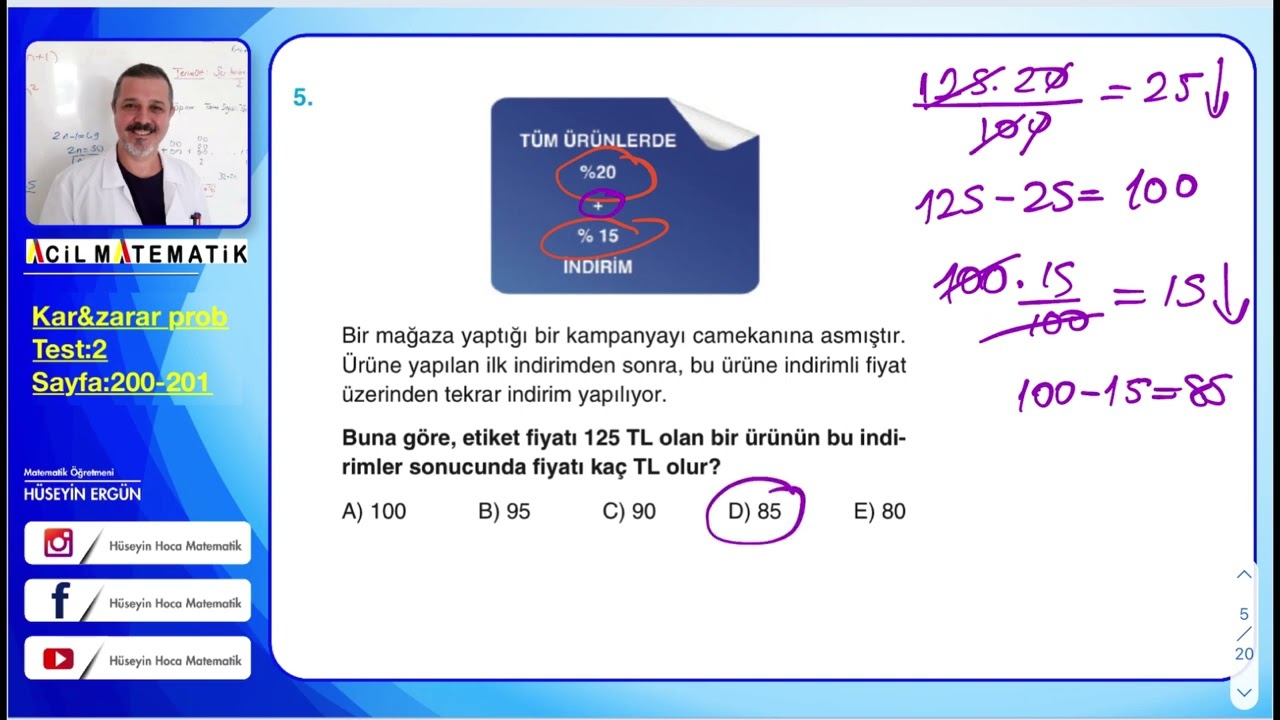 ACİL YAYINLARI MATEMATİĞİN İLACI TYT SORU BANKASI Kar ve zarar problemleri test:2 sayfa:200-201