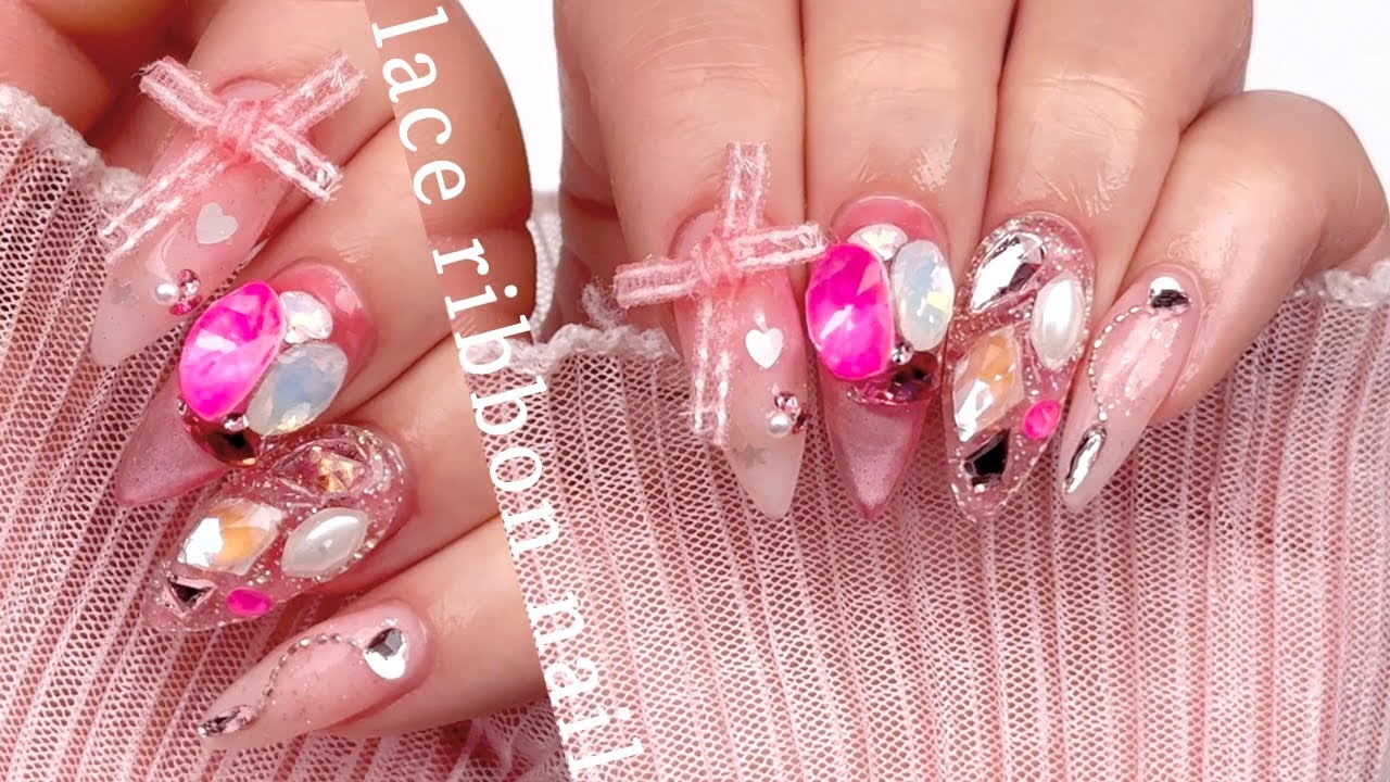 Sub Eng • 레이스🎀 리본이용한 핑크네일 ASMR | 셀프네일 | 리페어네일 | 풀스톤 | 알리네일