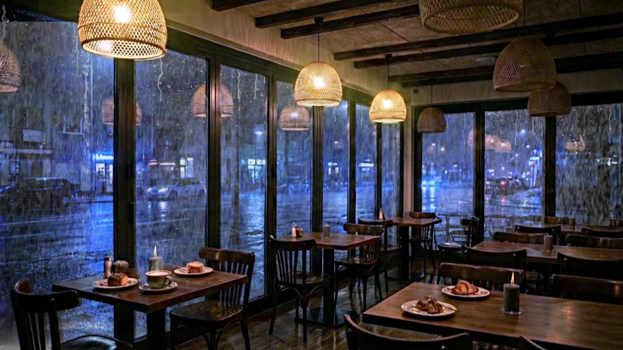 Late Night Rainy Coffee Shop ☔🌙 Smooth Jazz Piano Ambience for Focus, Work & Study