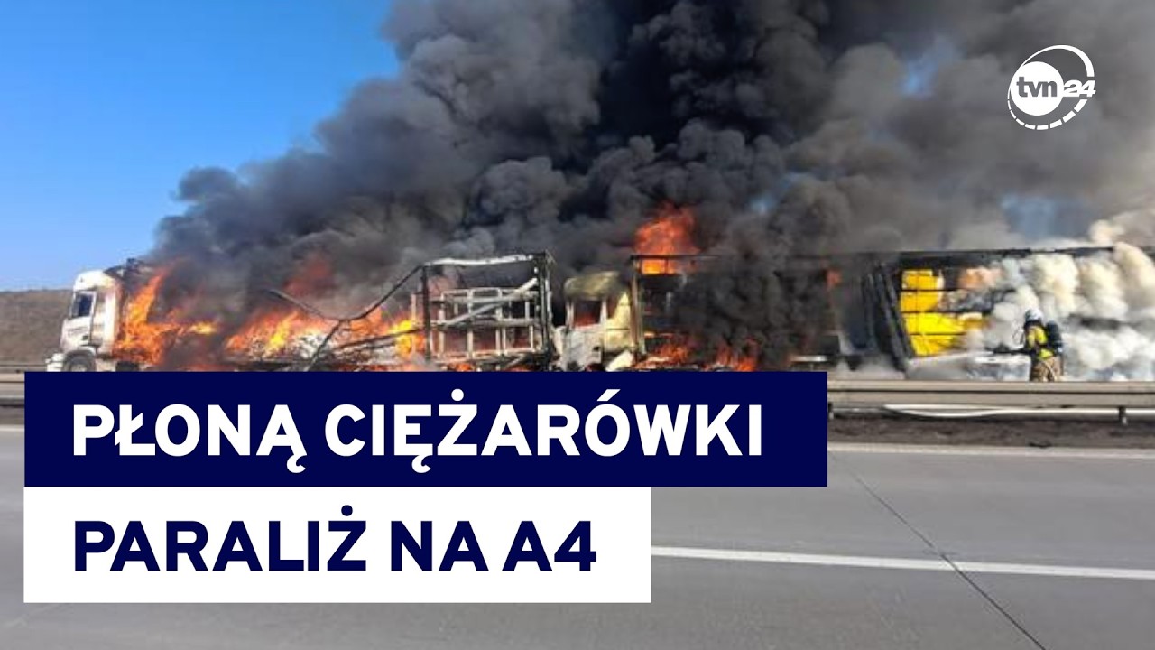 Zderzyły się cztery ciężarówki na A4. Dwie płonęły, kolejne dwie w nie wjechały. Gigantyczny korek