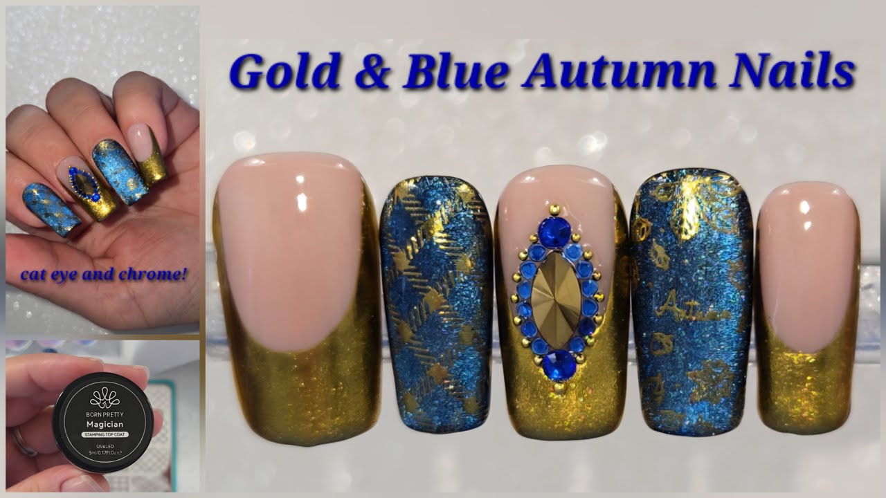 Gold and Blue Autumn Nail Set / BP Magician Stamping Top Coat / Fall Nail Art Idea / Press On Nails
