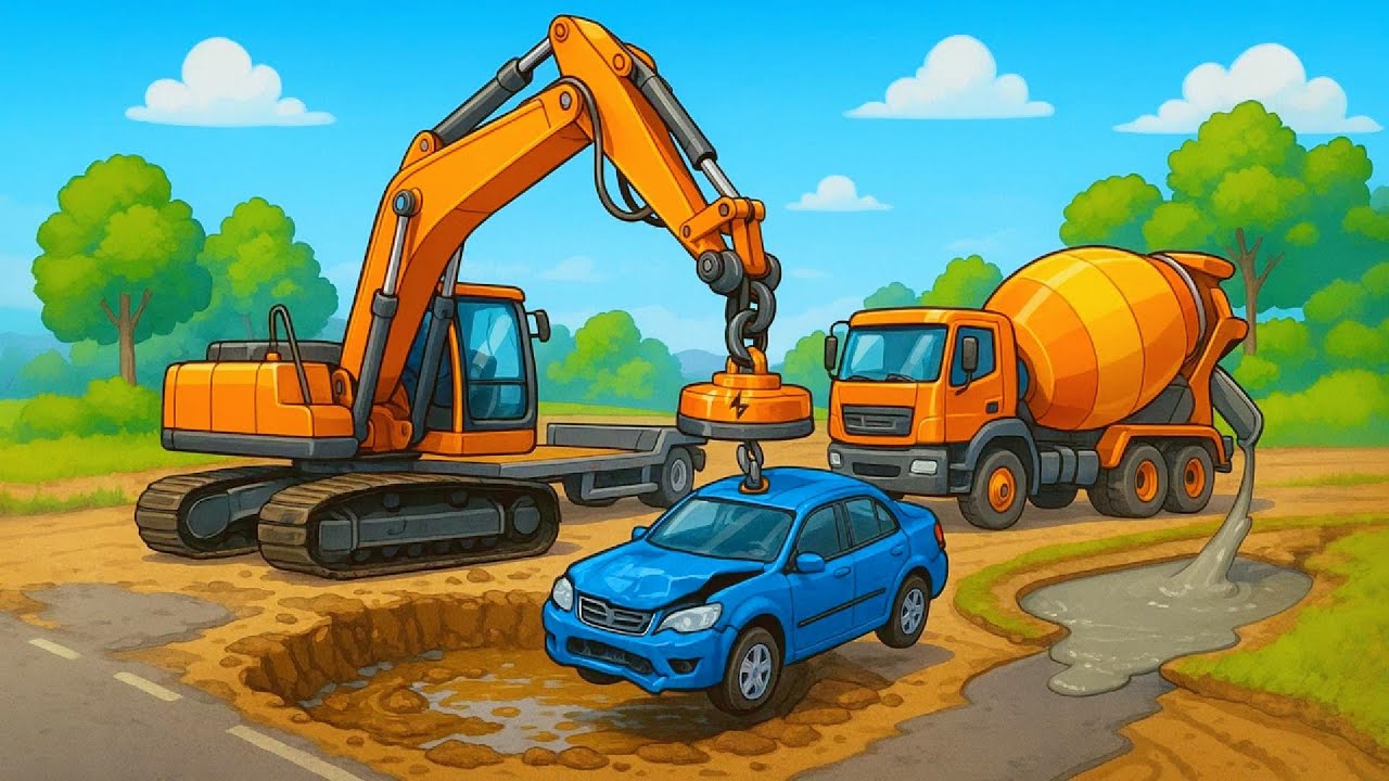 Help Pull Blue Car Out of the Pothole! Repair it to Asphalt Road! 🚧🚗🚜 | Funny Construction Vehicles