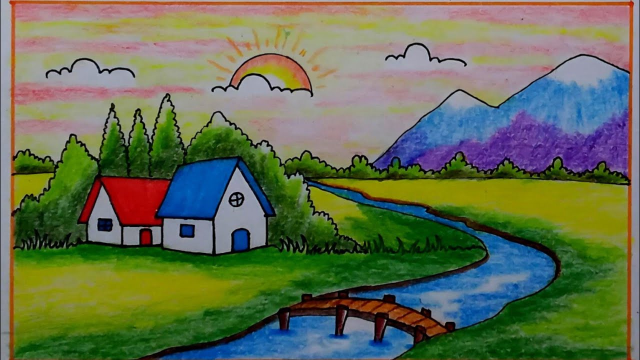 How to Draw a beautiful scenery easy drawing 😍😍 Beautiful village scenery drawing easy for kids 