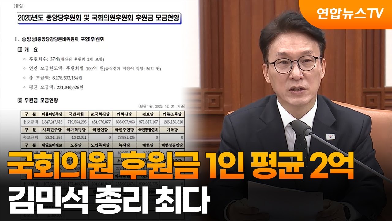 국회의원 후원금 1인 평균 2억&hellip;김민석 총리 최다 / 연합뉴스TV (YonhapnewsTV)