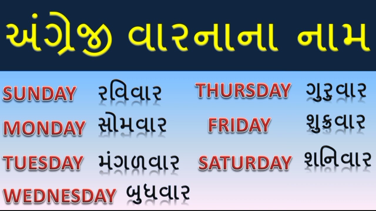 ગુજરાતી વારનાં નામ | DAYS NAME|GUJARATI DAYS|7 Var na Name Angreji| Weeks Name English|GUJARATI VAR