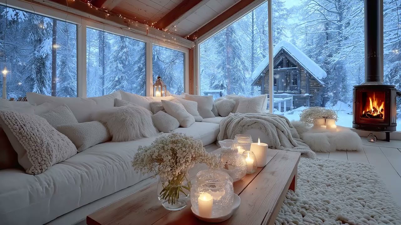 🌸🎹 Flickering Candlelight & Peaceful Winter Piano | 5H Snowfall Outside White Lounge | Stress Relief