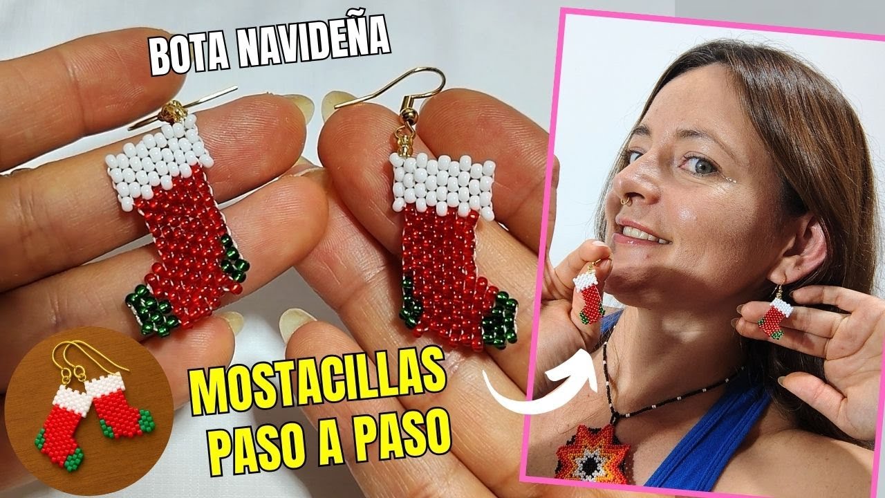 Como tejer aretes diseño de bota navideña en mostacilla (paso a paso) A.S