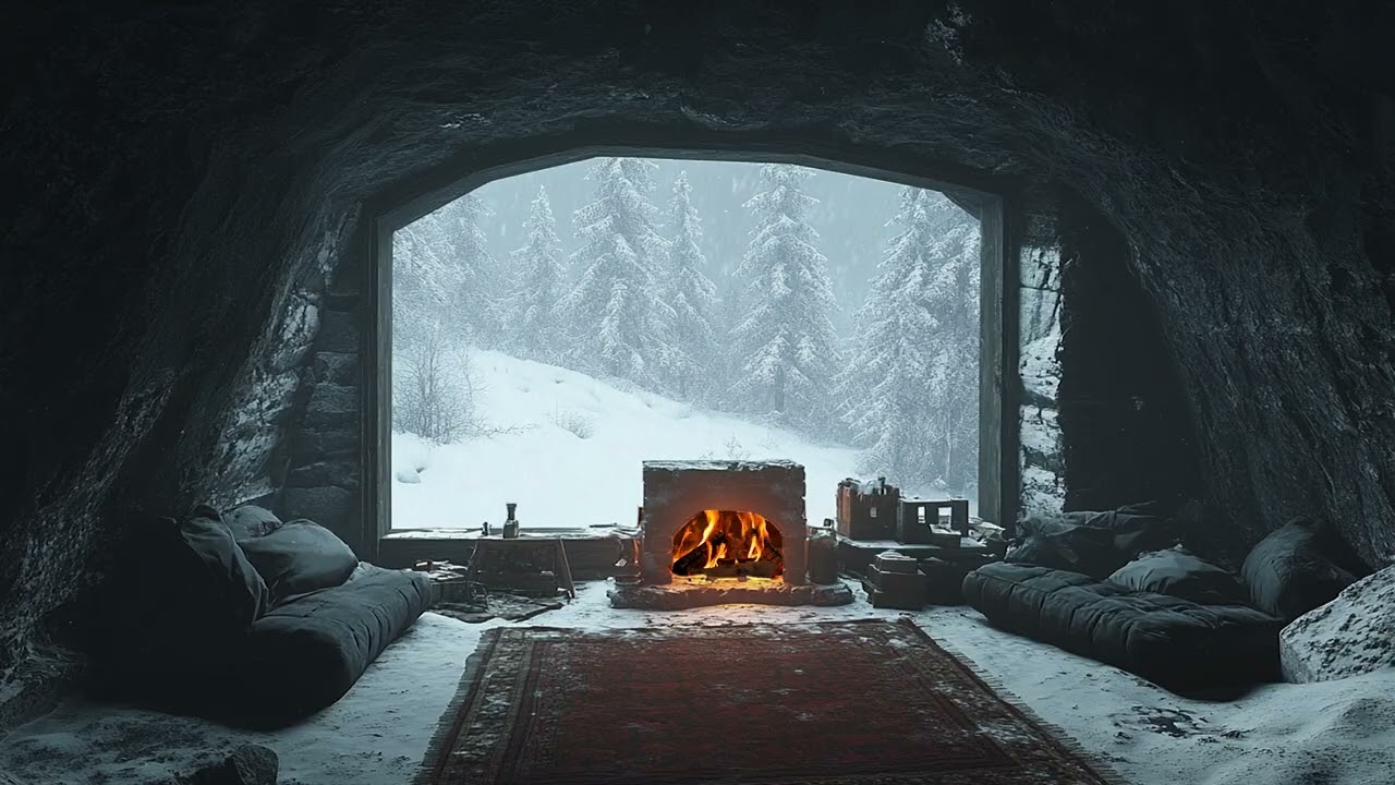 Snow and Wind Around a Stone Cave | Campfire Night Sound