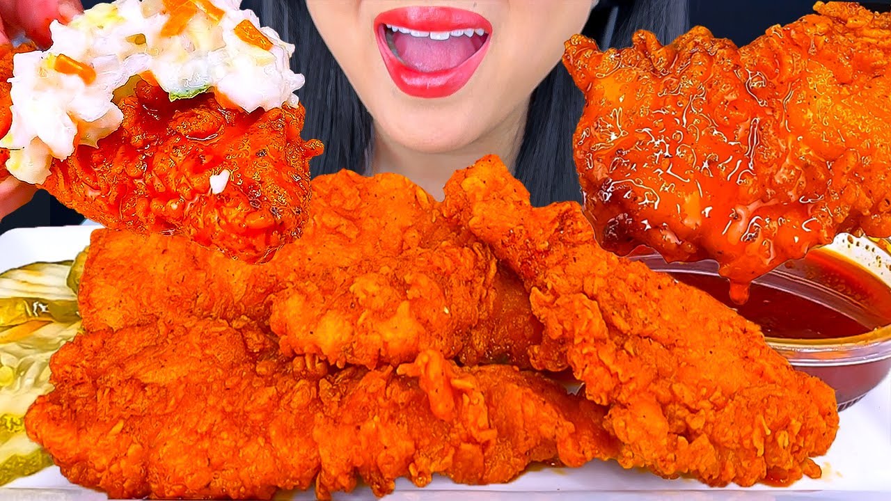 FRIED CHICKEN TENDERS DIPPED IN NASHVILLE HOT SAUCE | MUKBANG